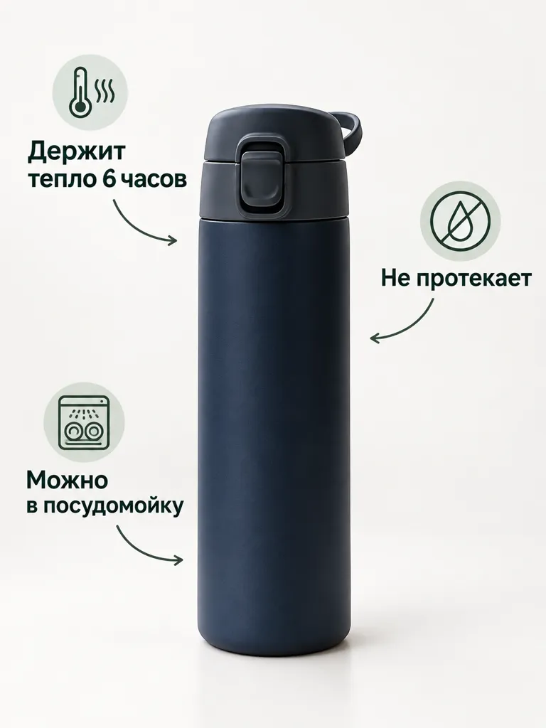 Инфографика термокружки с подписями преимуществ