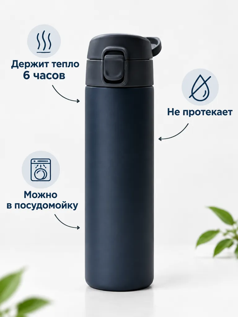 Инфографика термокружки с подписями преимуществ